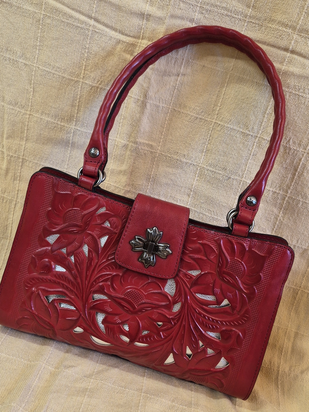 Patricia Nash Rosina Cut Out Tooled Leather Satchel-Papaya-New Condition